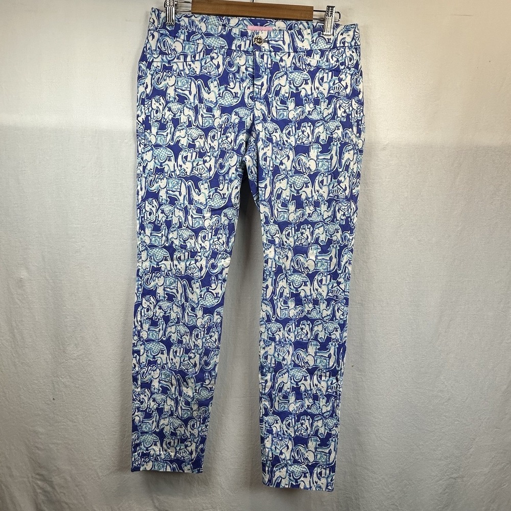 Lilly Pulitzer Blue Get Trunky Elephant Kelly Skinny Ankle Pants Size 4 EUC